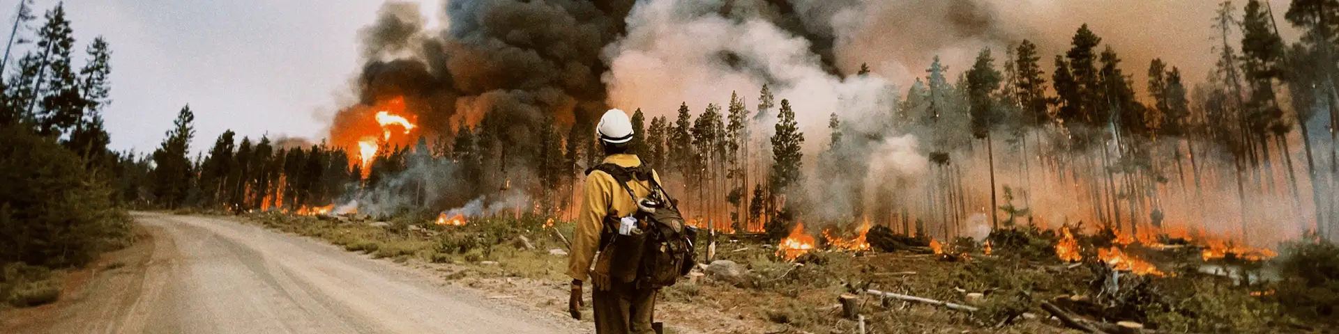 Firefighter walking down a road next to burning forest.
