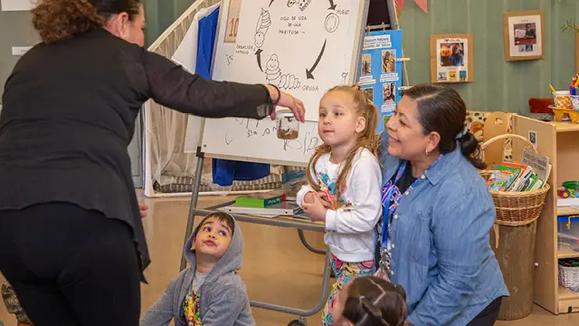 Young students look at caterpillars in an early childhood classroom