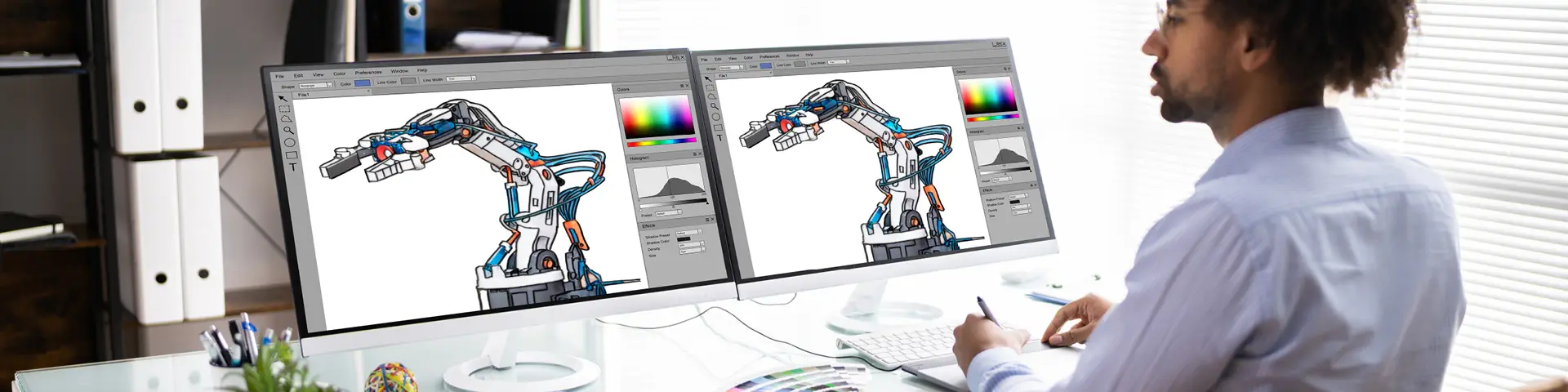 Office worker draws on a graphics tablet while using a computer aided drafting (CAD) program