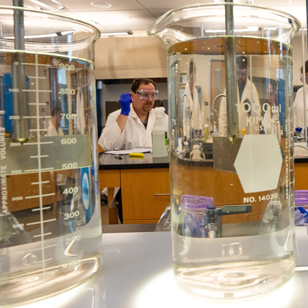 Students doing water purity testing in the lab with beakers full of water.