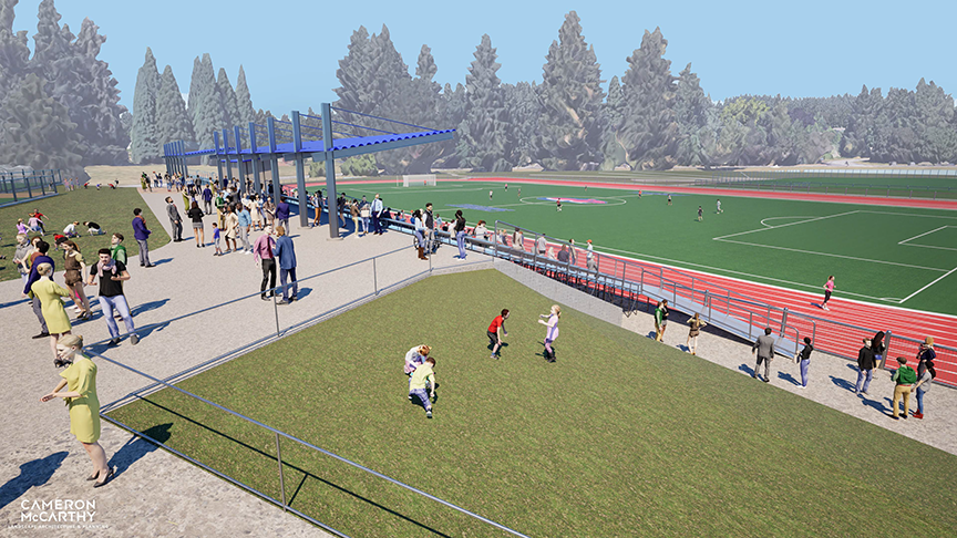 2025-07-11_CCC_Athletics_Rendering_Views_3 Rendering of the new athletic fields and grandstand project showing a crowd mingling and enjoying a soccer game