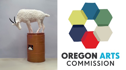 Precipice-gallery show Image of a goat on a barrel with the logo for the Oregon Arts Commission