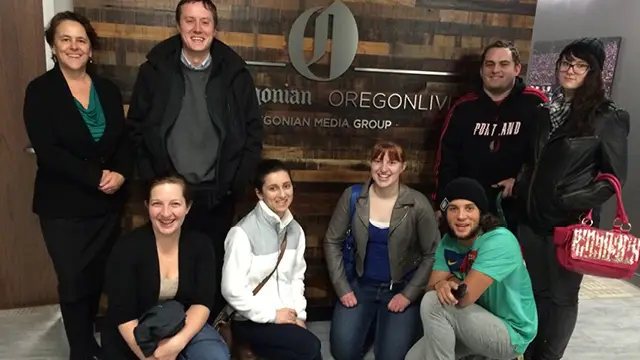 CCC students pose during a tour of the Oregonian newsroom