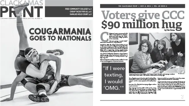 Two Clackamas print covers: The first features wrestlers and the headline, "Cougarmania goes to nationals." The second cover features newsroom college leaders at a laptop and the headline, "Voters give CCC $90 million hug."
